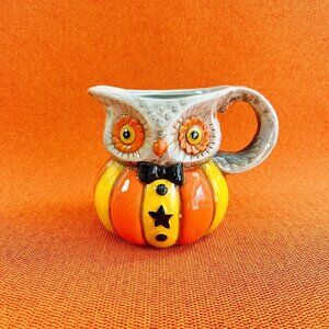 Joanna Parker Owl~Pumpkin Halloween Ceramic Creamer/Milk Jug ~ Displayed Only